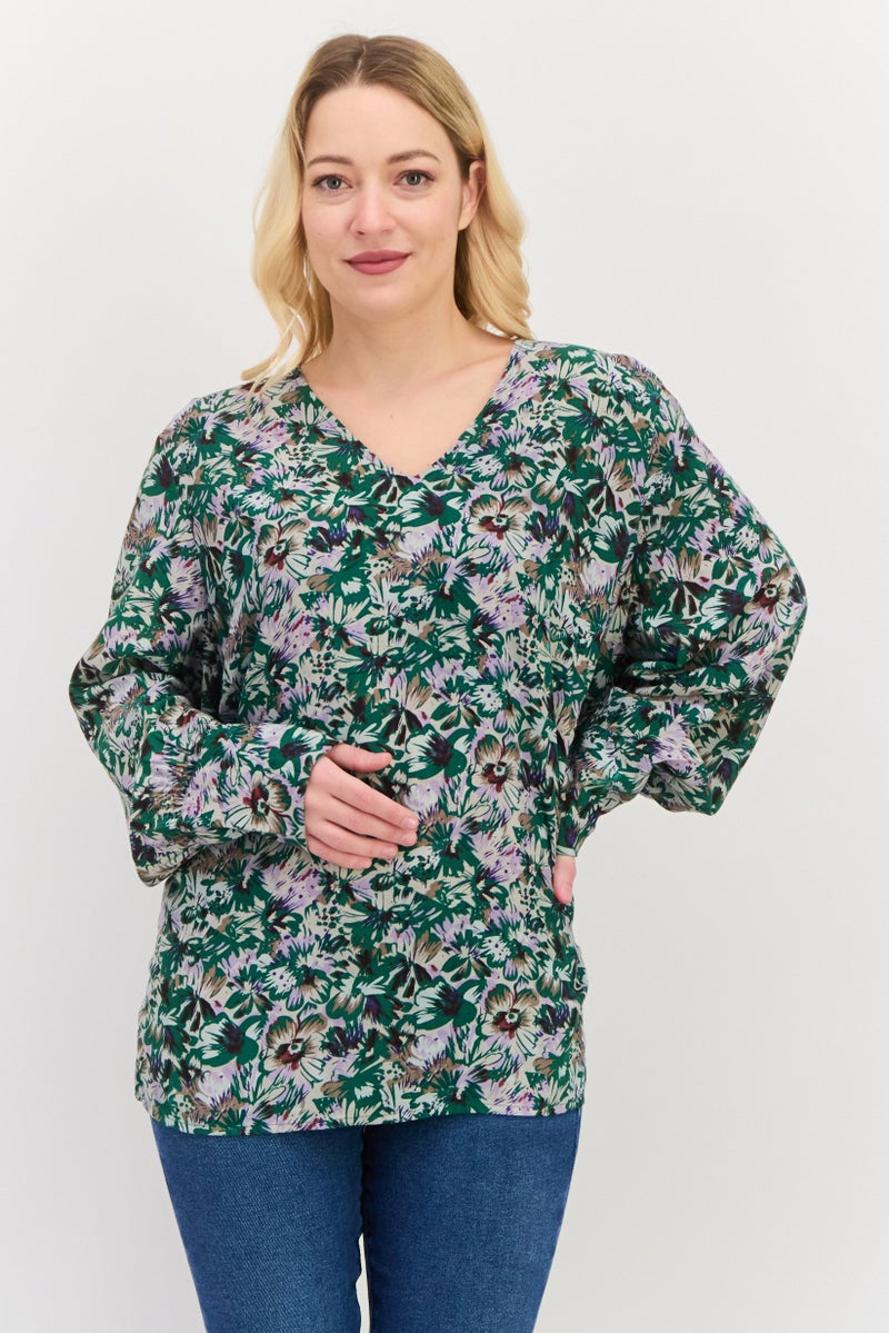 Fire & Glory Women  V-Neck Long Sleeves Floral Print Blouse, Green Combo - Image 1